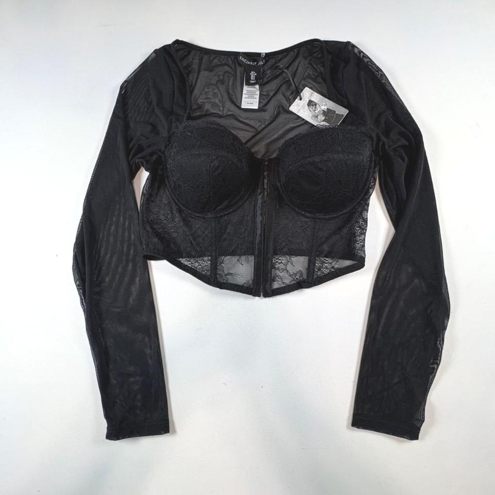 Sincerely Jules Corset Top Women Large Black New Lace Mesh Long Sleeve Underwire